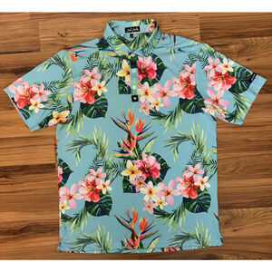 Bad Birdie Tropical Floral Golf Polo Men's L Hawaiian Island AOP Beach Vacation